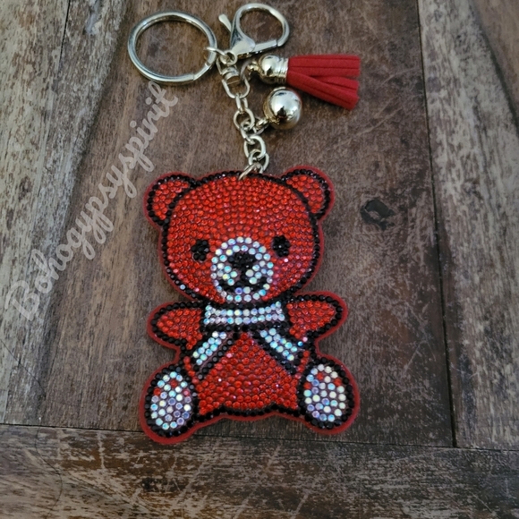 Bling Teddy Bear Crystal Rhinestone Keychain Bag Charm With Red Tassel - Picture 11 of 15